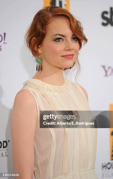 Actress Emma Stone arrives at the 15th Annual Hollywood Film Awards Gala Presented By Starz held at The Beverly Hilton Hotel on October 24, 2011 in...