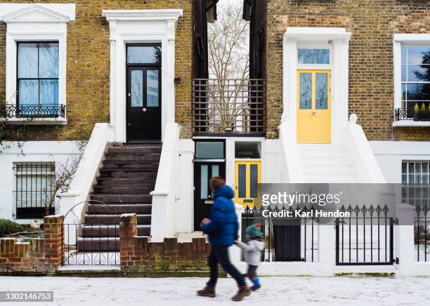 london houses on a snowy day - stock photo - london winter stock pictures, royalty-free photos & images