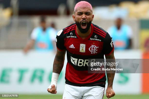 Gabriel Barbosa of Flamengo celebrates after scoring a goal during a match between Flamengo and Corinthians as part of 2020 Brasileirao Series A at...
