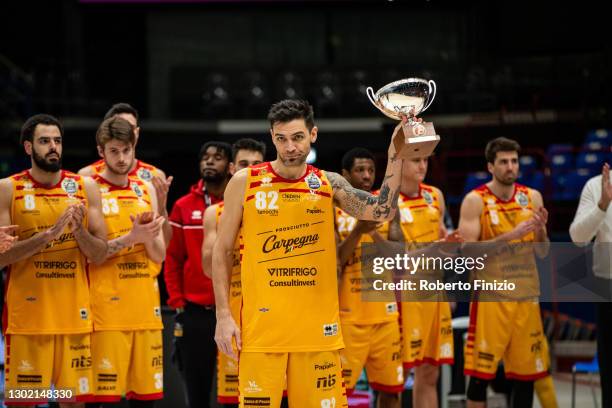 Carlos Delfino captain of Carpegna Prosciutto Pesaro with the second place trophy of the LBA Frecciarossa Final Eight 2021 at Mediolanum Forum on...