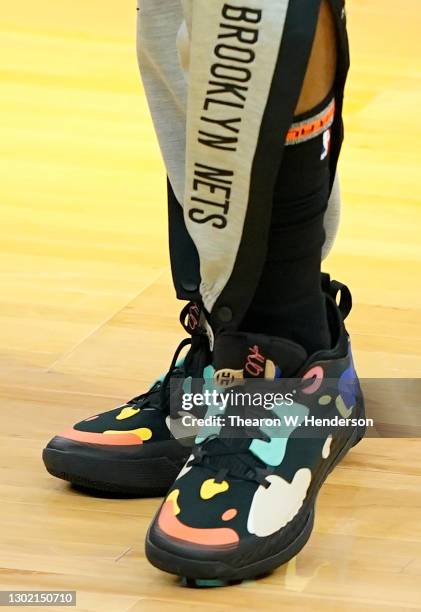 Detailed view of the Adidas basketball shoes worn by James Harden of the Brooklyn Nets against the Golden State Warriors during an NBA basketball...