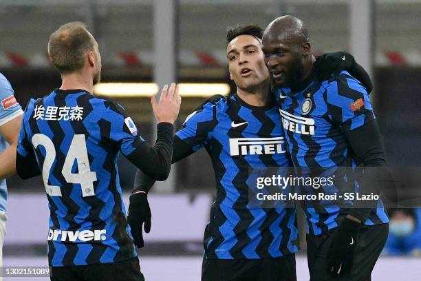 Romelu Lukaku of FC Internazionale celebrates a second goal with his teammates during the Serie A match between FC Internazionale and SS Lazio at...