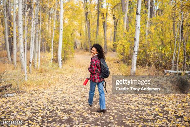 young woman walking in autumn woods - checked trousers stock pictures, royalty-free photos & images