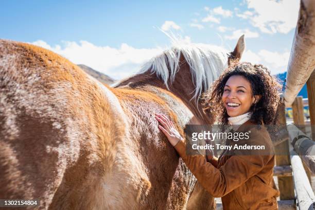 young woman in western corral with horse - cowgirl hairstyles stock-fotos und bilder
