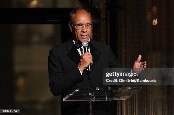 Dr Harold Freeman speaks onstage at an evening with Ralph Lauren hosted by Oprah Winfrey and presented at Lincoln Center on October 24, 2011 in New...