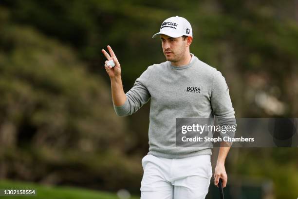 Patrick Cantlay of the United States reacts on the 13th green during the final round of the AT&T Pebble Beach Pro-Am at Pebble Beach Golf Links on...