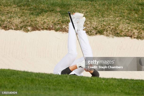 Daniel Berger of the United States reacts after nearly holing out from the bunker on the 15th hole during the final round of the AT&T Pebble Beach...