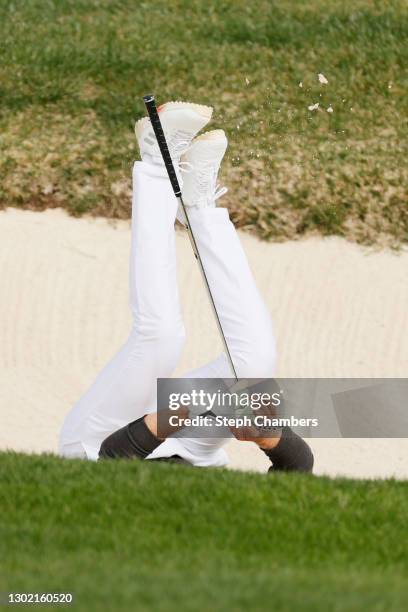 Daniel Berger of the United States reacts after nearly holing out from the bunker on the 15th hole during the final round of the AT&T Pebble Beach...