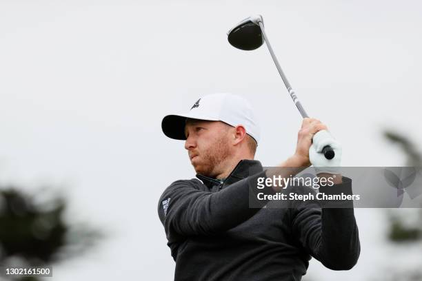 Daniel Berger of the United States plays his shot from the 11th tee during the final round of the AT&T Pebble Beach Pro-Am at Pebble Beach Golf Links...