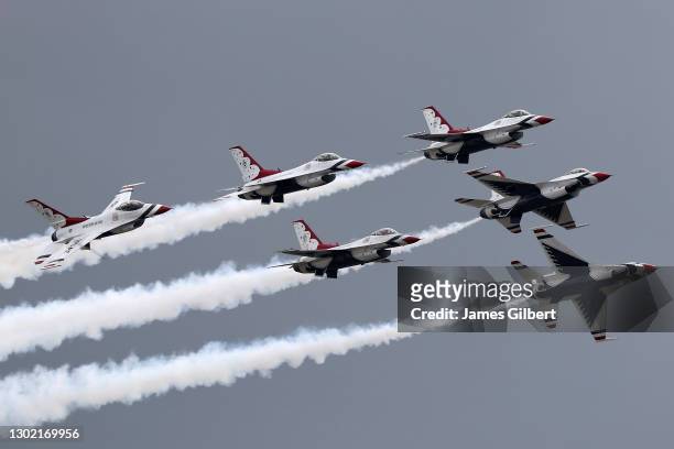 The U.S. Air Force Thunderbirds perform a flyover prior to the NASCAR Cup Series 63rd Annual Daytona 500 at Daytona International Speedway on...