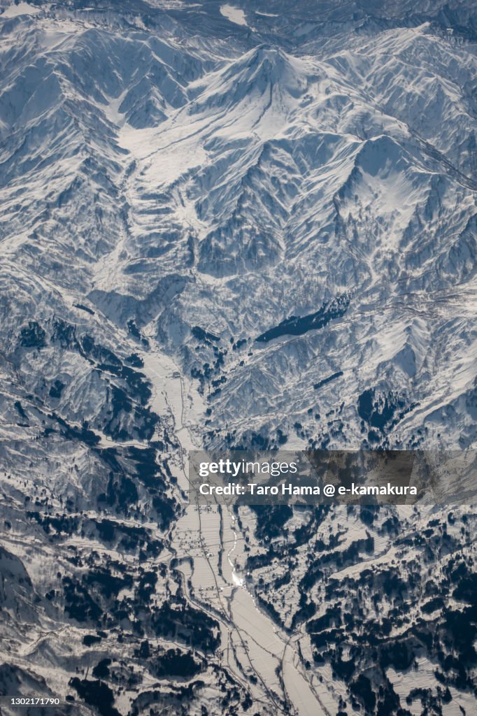 Snowcapped Myoko Togakushi Renzan National Park in Niigata prefecture of Japan aerial view from airplane