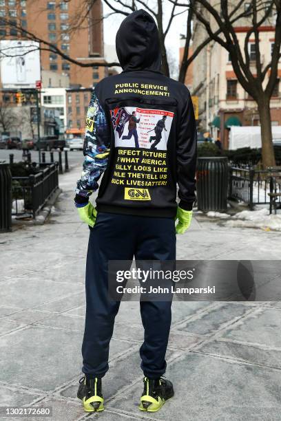 Designer Jason Christopher Peters poses during a Black Lives Matter NYFW event honoring Black lives lost to police violence near Spring Studios on...