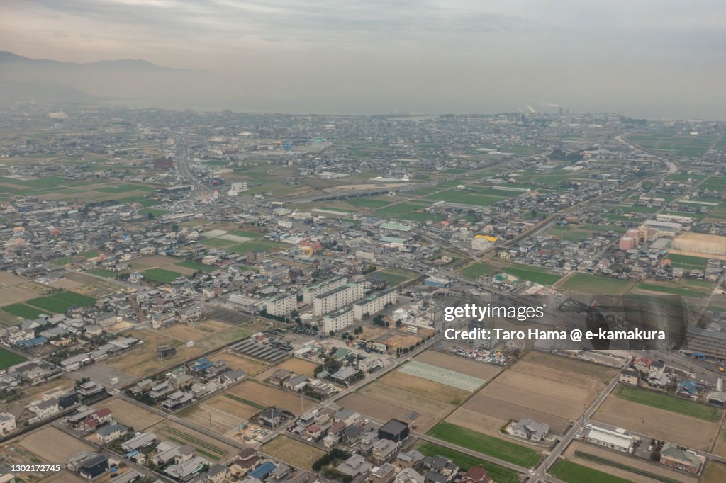 Matsuyama city in Ehime prefecture of Japan aerial view from airplane