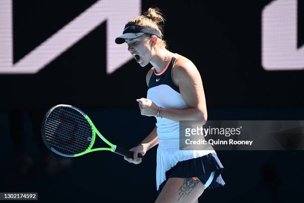 Elina Svitolina of Ukraine celebrates after winning a point in her Women's Singles fourth round match against Jessica Pegula of the United States...