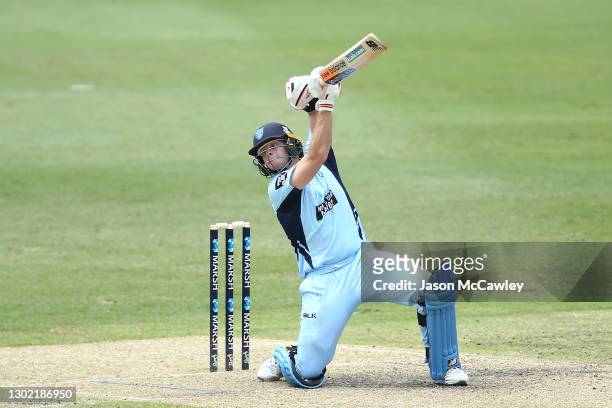 Steve Smith of the Blues bats during the Marsh One Day Cup match between New South Wales and Victoria at North Sydney Oval on February 15, 2021 in...