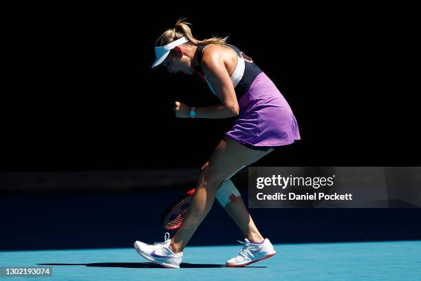 Donna Vekic of Croatia celebrates after winning a point in her Women's Singles fourth round match against Jennifer Brady of the United States during...