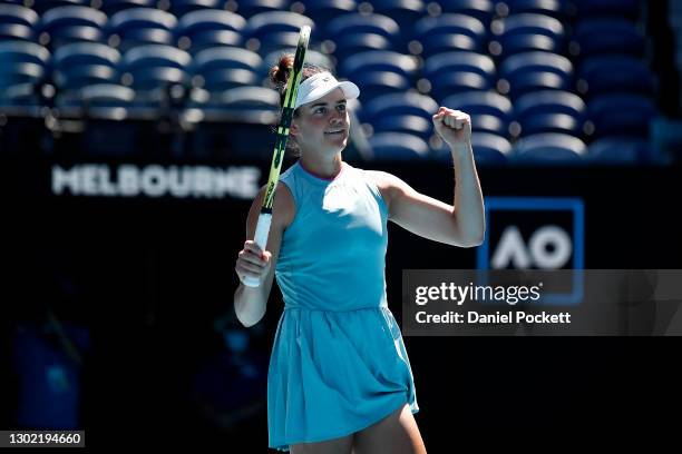 Jennifer Brady of the United States celebrates winning match point in her Women's Singles fourth round match against Donna Vekic of Croatia during...