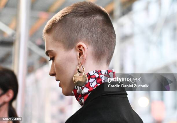 Model Ruth Bell is seen wearing silver earrings and a floral turtleneck outside the Jason Wu show during New York Fashion Week F/W21 on February 14,...