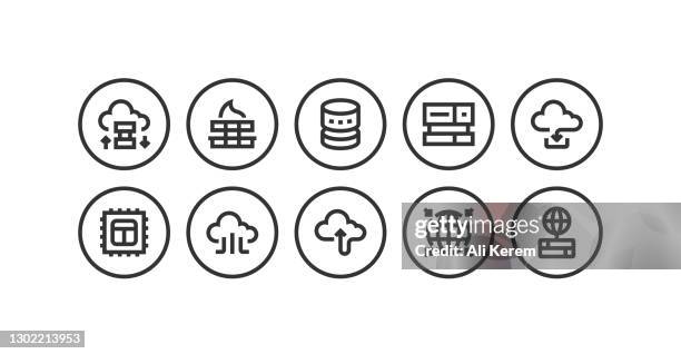 web hosting, server, global network, database, network firewall icons - computer chip close up stock illustrations