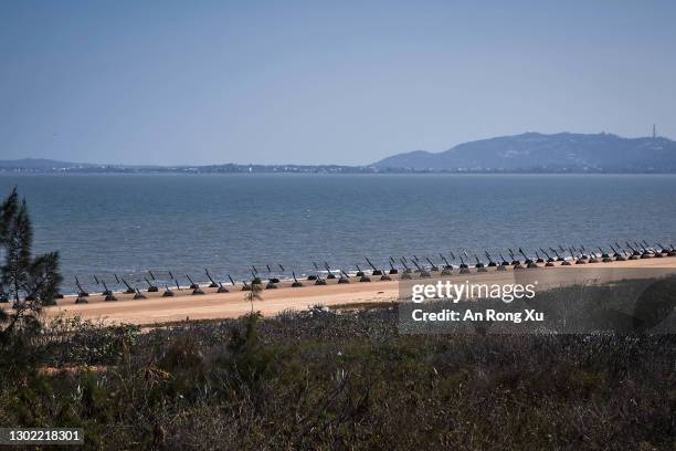 Anti-tank structures are seen on a beach in Guningtou, which was the scene of a fierce 1949 battle, on February 03, 2021 in Kinmen, Taiwan. Kinmen,...