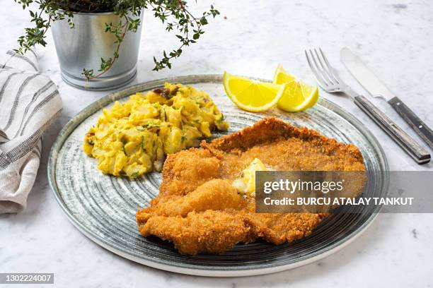 schnitzel with prepared potatoes - fried turkey stock pictures, royalty-free photos & images