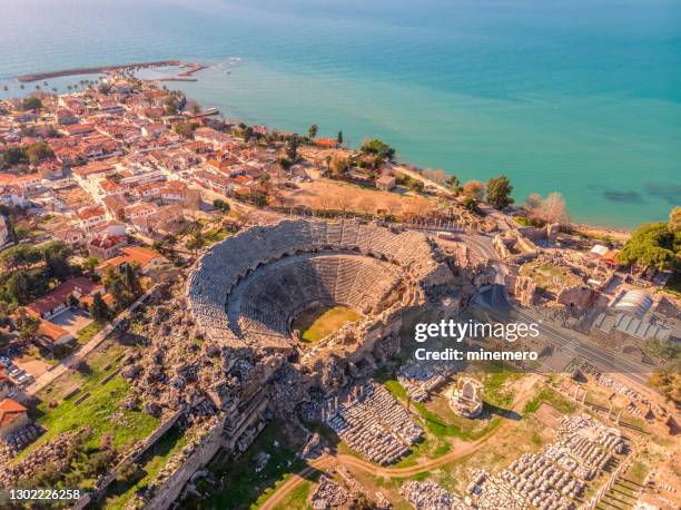 aerial view of side in antalya, turkey - amphitheater stock pictures, royalty-free photos & images