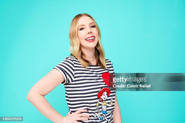 Comedian, Katherine Ryan wearing a Red Nose Day 2021 t-shirt on October 23,2020 in London, England. Red Nose Day takes place on March 19th 2021.