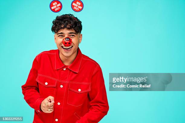 Television presenter, Karim Zeroual wearing Red Nose Day 2021 deeley boppers and nose on October 23,2020 in London, England. Red Nose Day takes place...