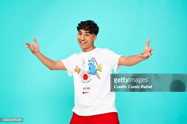 Television presenter, Karim Zeroual wearing a Red Nose Day 2021 t-shirt on October 23,2020 in London, England. Red Nose Day takes place on March 19th...