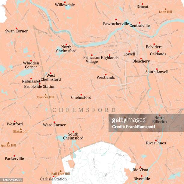 ma middlesex chelmsford vector road map - lake lowell stock illustrations