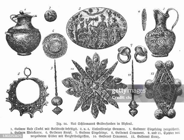 pieces of schliemann's grave finds in mycenae - heinrich schliemann stock illustrations