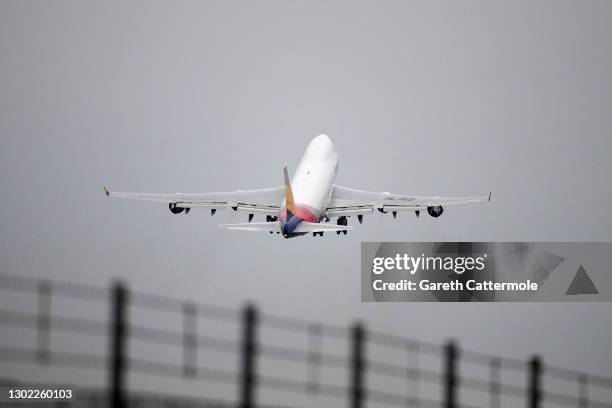 An aircraft departs from Stansted Airport on February 14, 2021 in Stansted, United Kingdom.