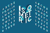 Isometric alphabet. 3d bold uppercase latin letters and numbers, geometric futuristic typography, cubic straight block english font different angles, simple abc isometry vector isolated set