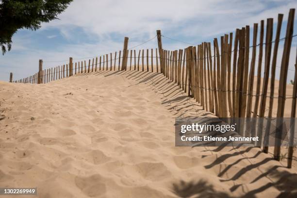 walking path on sand dune, ile de ré, france - beach fence stock-fotos und bilder