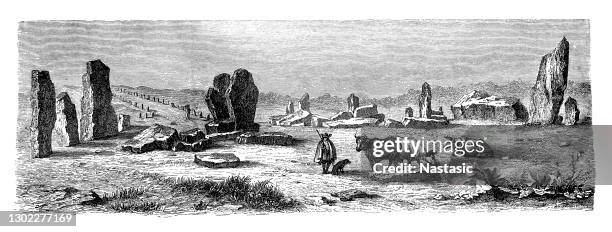 celtic monuments ,druid building remains at carnac - carnac france stock illustrations