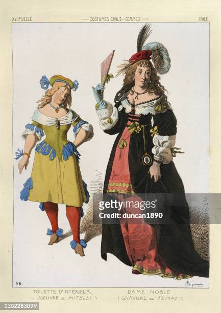 italienische mode des 17. jahrhunderts, innenkostüm, edle frau - 17th century style stock-grafiken, -clipart, -cartoons und -symbole