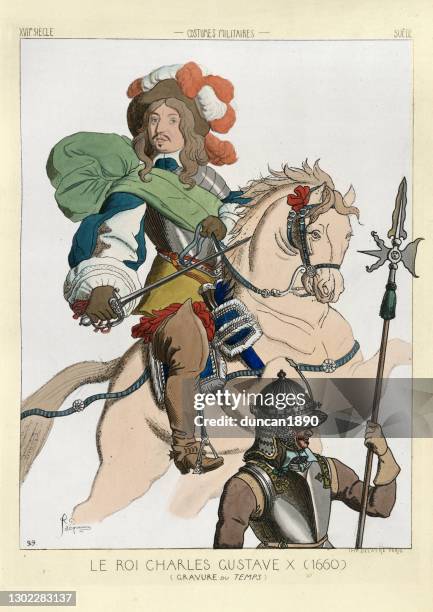 stockillustraties, clipart, cartoons en iconen met charles x gustav, koning van zweden, 17e cnetury militaire kostuums - 17th century style