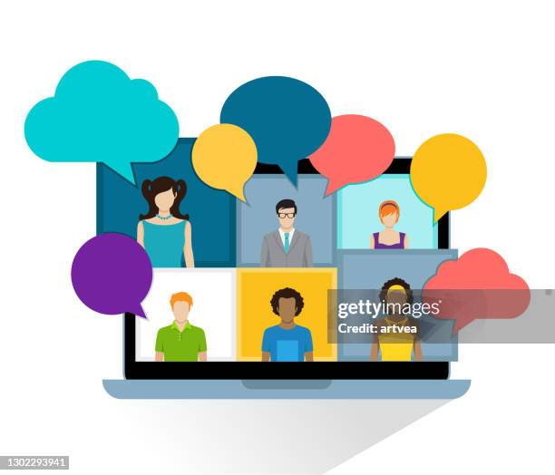 vector illustration of the video conference - smiling-man-at-computer stock illustrations
