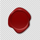 Wax stamp. Retro realistic red seal. 3D imprint on transparent background. Waxy emboss for old-fashioned postal envelopes and guarantee documents. Vector decorative sign with copy space