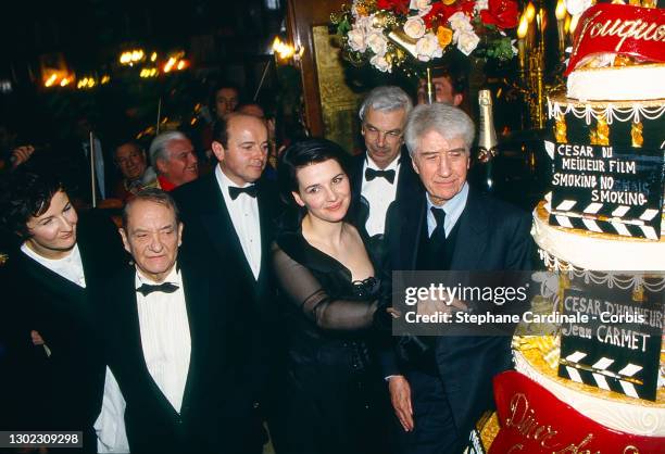 Valerie Lemercier, Jean Carmet, Jacques Toubon, Juliette Binoche, Daniel Toscan Du Plantier and Alain Resnais attend the after party of the 19 th...