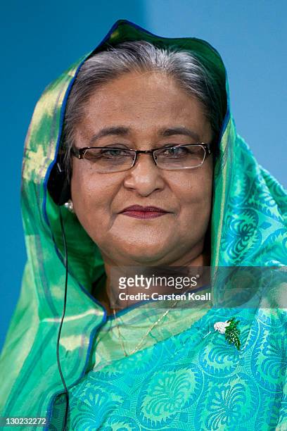 Sheikh Hasina Wajed, Bangladesh's prime minister, attends a press conference with German Chancellor Angela Merkel at the Chancellory on October 25,...