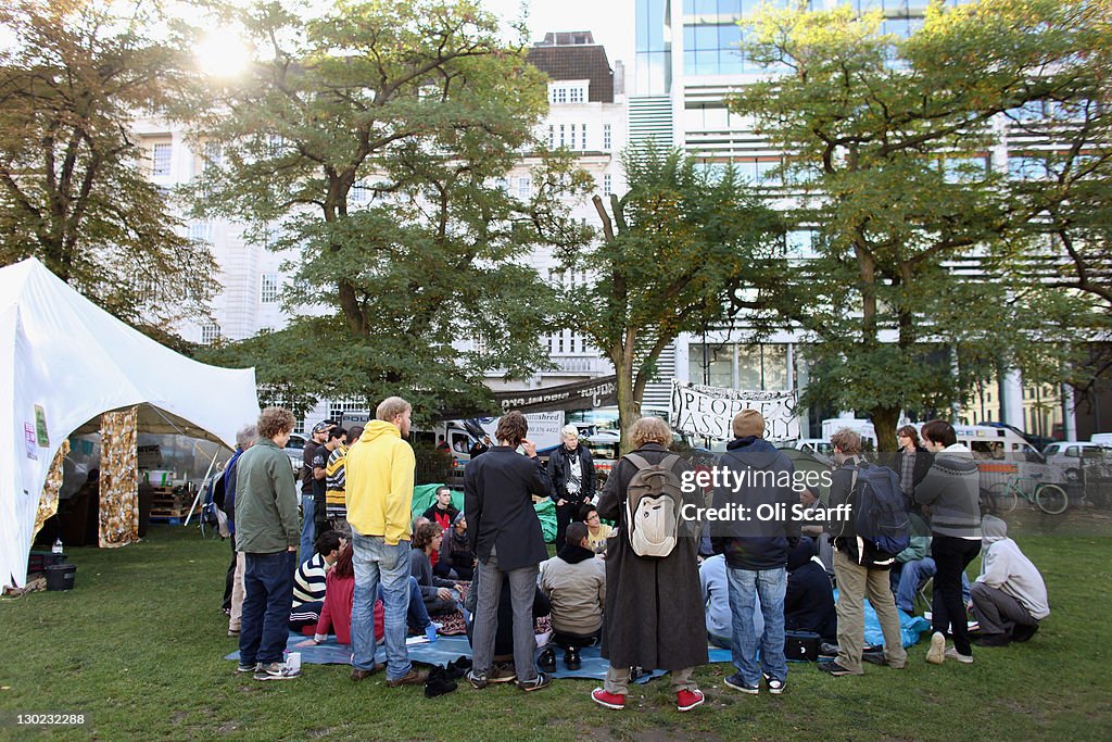 Members Of The Occupy London Protest Set Up Camp In Finsbury Square