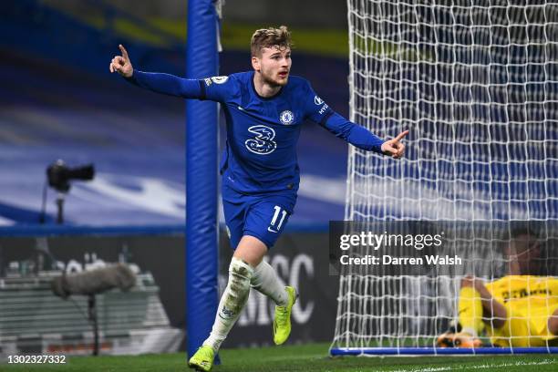 Timo Werner of Chelsea celebrates after scoring their team's second goal during the Premier League match between Chelsea and Newcastle United at...