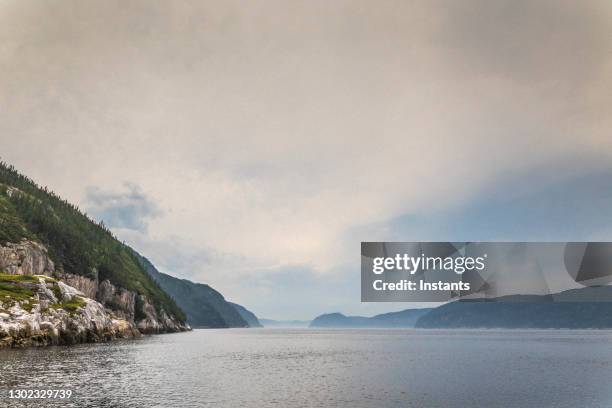 uitzicht op de saguenay fjord, op de kruising van de saguenay en saint-lawrence rivieren, gezien vanaf de veerboot die van baie sainte-catherine naar tadoussac. - baai stockfoto's en -beelden