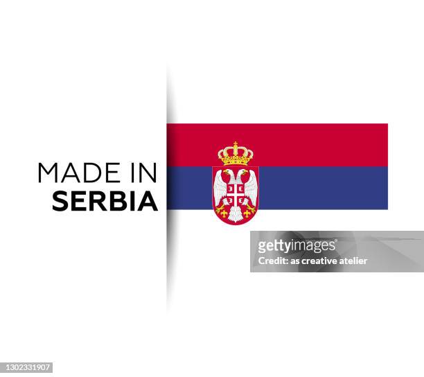 hergestellt in der serbien-label, produkt-emblem. weißer isolierter hintergrund - serbian flag stock-grafiken, -clipart, -cartoons und -symbole