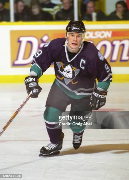 Paul Kariya of the Mighty Ducks of Anaheim skates against the Toronto Maple Leafs during NHL game action on December 30, 1998 at Maple Leaf Gardens...