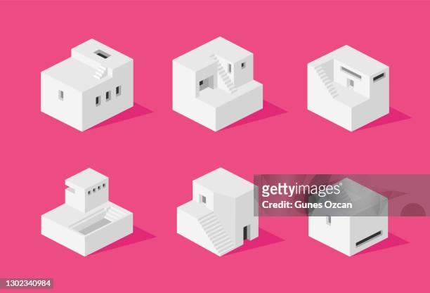 isometric white building set - abstract house icon pack of 6 - sweet little models stock illustrations