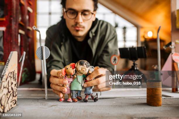 preparing set for stop motion animation filming - animation character set stock pictures, royalty-free photos & images