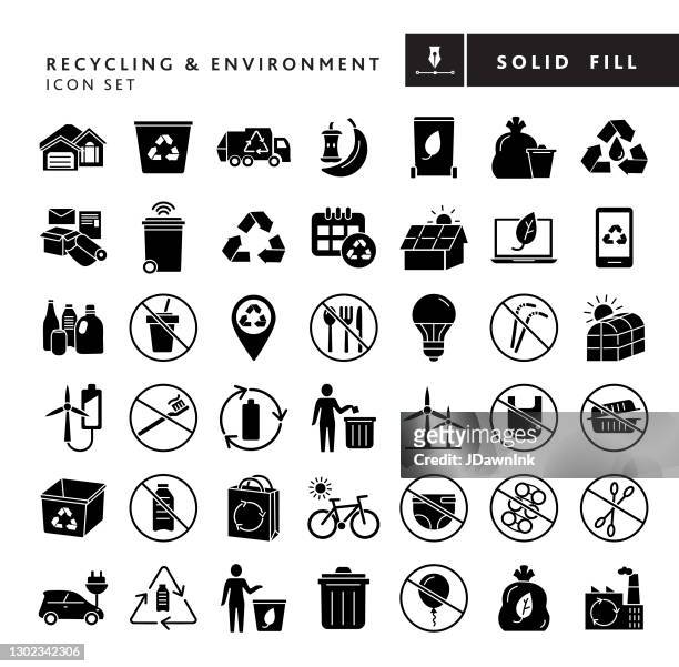 recycling and environmental conservation 100% solid black fill icon set - disposable stock illustrations