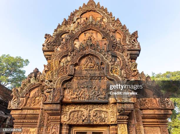 indra scatters rain bas reliefs from banteay srei temple in angkor, cambodia - bas rhin stock pictures, royalty-free photos & images